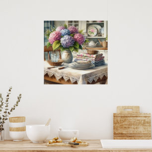 Boerderij Keuken met Hydrangea Bloemen Poster