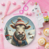 Boerderij Koe in Preppy Winter Kleding en Pet Wint Papieren Bordje (Feest)