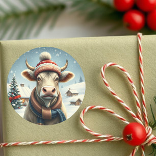 Boerderij Koe in Preppy Winter Kleding en Pet Wint Ronde Sticker