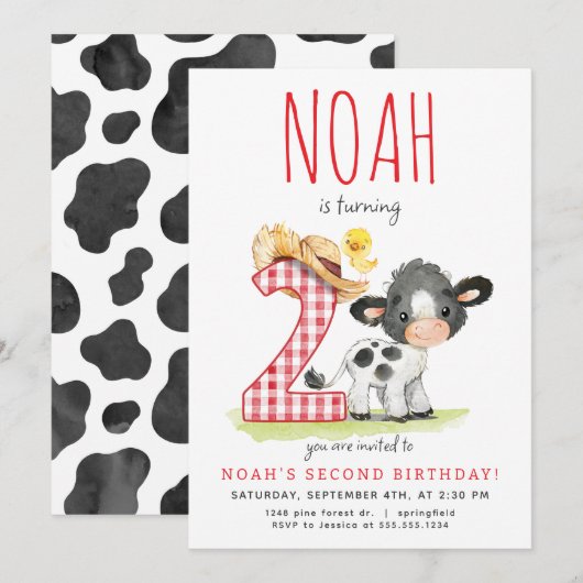 Boerderij Koe Tweede Verjaardagsuitnodiging Kaart (Voorkant / Achterkant)