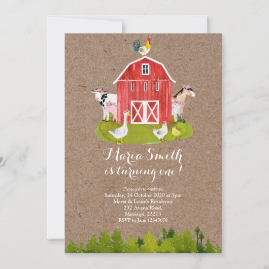 Boerderij meisje 1e verjaardag kaart (Voorkant)