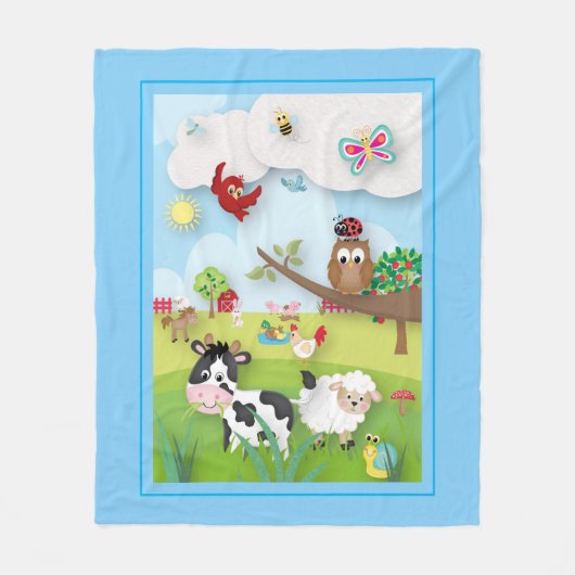 Boerderij met schattige dieren Scène op blauw Fleece Deken (Voorkant)