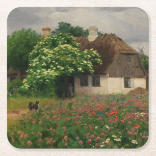 Boerderij met weidebloemen vierkante kartonnen onderzetter