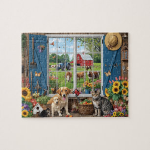 Boerderij raam uitzicht hond kat zonnebloemen schu legpuzzel