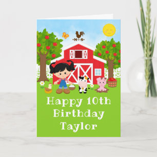 Boerderij Red Barn Black Hair Girl Happy Birthday Kaart
