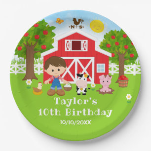 Boerderij Red Barn Brown Hair Boy Birthday Party Papieren Bordje