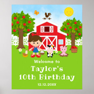 Boerderij Red Barn Brown Hair Girl Birthday Welkom Poster