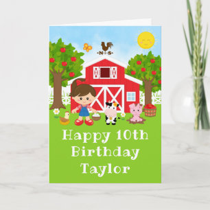 Boerderij Red Barn Brown Hair Girl Happy Birthday Kaart