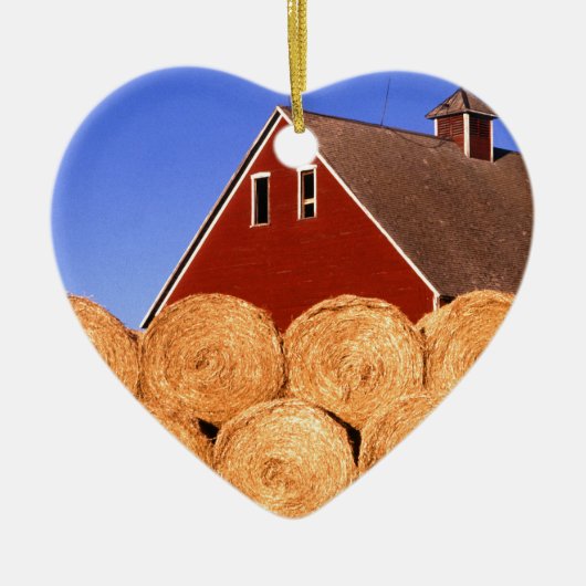 Boerderij Red Barn Hay Bales Keramisch Ornament (Voorkant)