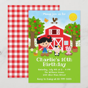 Boerderij Red Barnyard Birthday Black Hair Girl Kaart