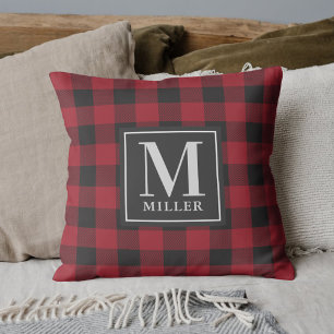 Boerderij Rood Buffalo Plaid Familie Naam Monogram Kussen