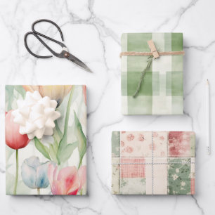 Boerderij Rood Geel Tulpenbloemen Verjaardag Inpakpapier Vel
