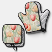 Boerderij Rood Geel Tulpenbloemen Vrijgezellenfees Ovenwant & Pannenlap Set (Voorkant / Achterkant)