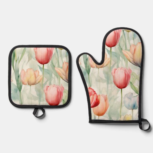 Boerderij Rood Gele Tulp Bloemen Bruidsfeest Ovenwant & Pannenlap Set (Voorkant)