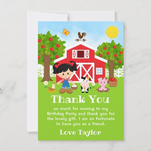 Boerderij Rood Verjaardag Zwart Haar Meisje Bedankkaart (Voorkant)