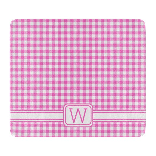 Boerderij Roze en Witte Gingham Plaid Monogram Snijplank (Voorkant)