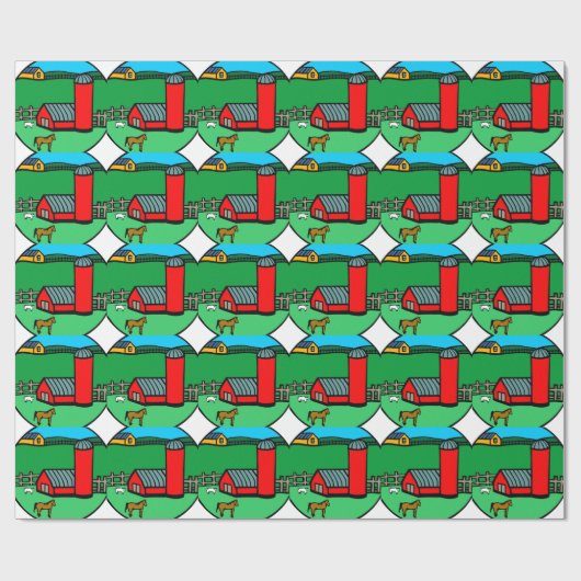 Boerderij Scene Horse Barn Pasture Cartoon Tekenin Cadeaupapier (Vlak)