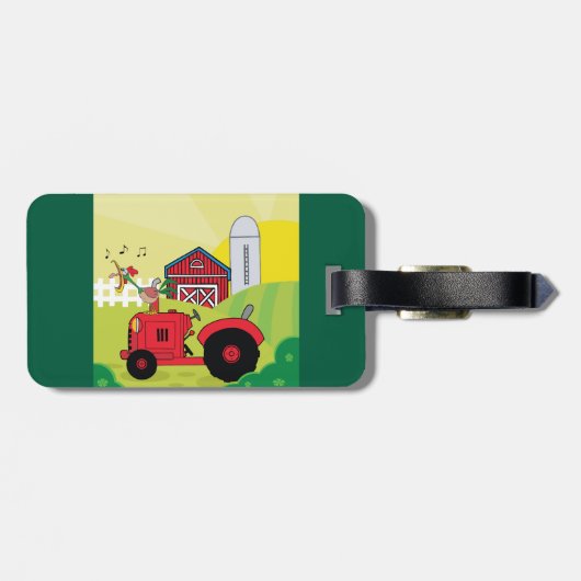 Boerderij Scene met Zingende Haan op Tractor Bagagelabel (Achterkant horizontaal)