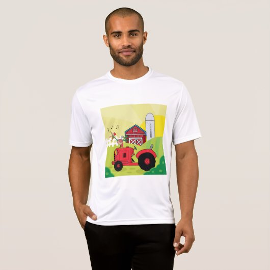 Boerderij Scene met Zingende Haan op Tractor T-shirt (Voorkant volledig)