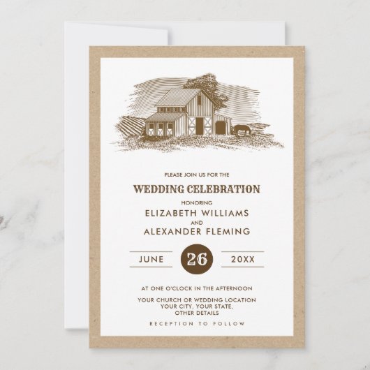 Boerderij schets kraft papier rustieke bruiloft ui kaart (Voorkant)