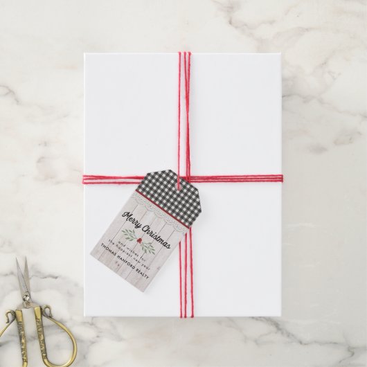 Boerderij Shiplap & Buffalo Check Kerstmis Cadeaulabel (Met Touw)