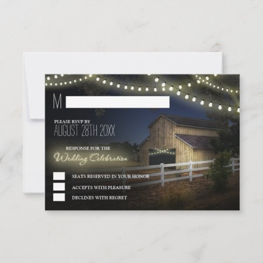 Boerderij String Lights rustieke schuur bruiloft R RSVP Kaartje (Voorkant)