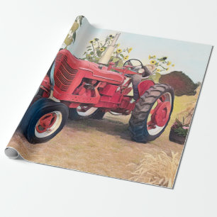 Boerderij Tractor Rode Retro Rustieke Herfst Oogs Cadeaupapier