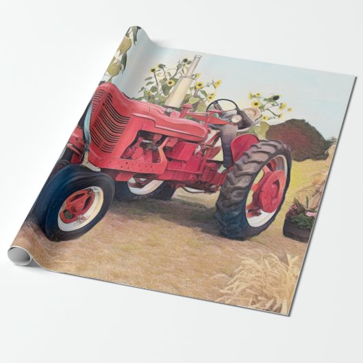 Boerderij Tractor Rode Retro Rustieke Herfst Oogs Cadeaupapier (Uitgerold)