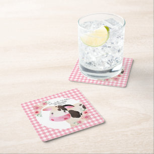 Boerderij van roze gingham Floral Cow Animal Vierkante Kartonnen Onderzetter