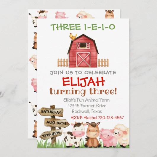 Boerderij Verjaardagsuitnodiging, Boy Three I-E-I- Kaart (Voorkant / Achterkant)