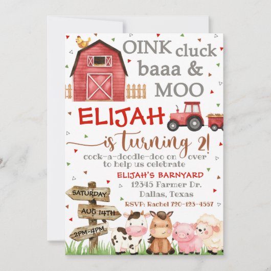 Boerderij verjaardagsuitnodiging, Oink Cluck Baa M Kaart (Voorkant)