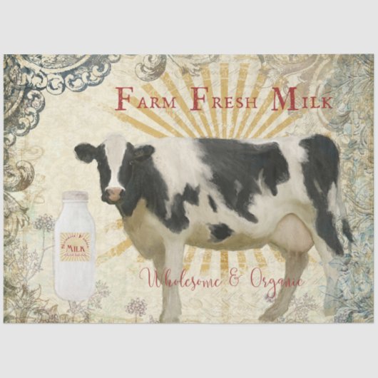Boerderij: Verse zwarte Koe met Sun Rays Decoupage Tissuepapier (Voorkant)