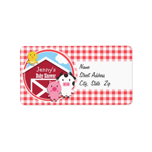 Boerderijdieren Baby shower; Rood & Wit Gingham Etiket (Voorkant)