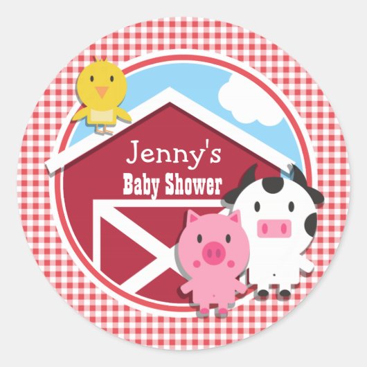 Boerderijdieren Baby shower; Rood & Wit Gingham Ronde Sticker (Voorkant)