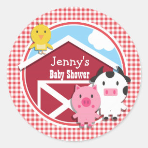 Boerderijdieren Baby shower; Rood & Wit Gingham Ronde Sticker