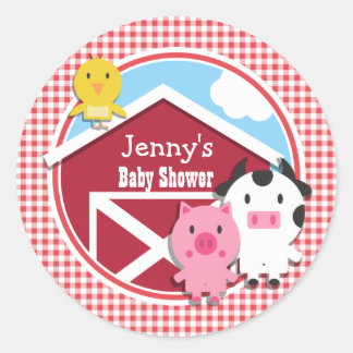 Boerderijdieren Baby shower; Rood & Wit Gingham Ronde Sticker
