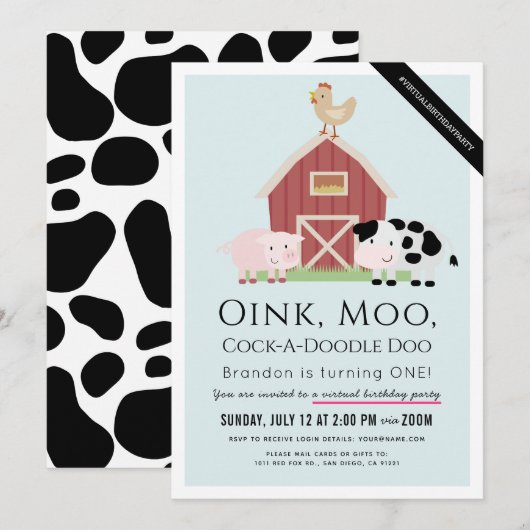 Boerderijdieren Barnyard Blue Virtual 1st Birthday Kaart (Voorkant / Achterkant)