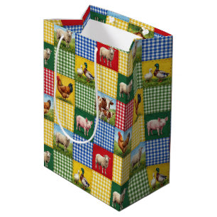 Boerderijdieren en geruite patchworkdeken medium cadeauzakje