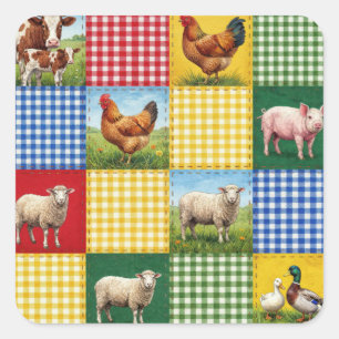 Boerderijdieren en geruite patchworkdeken vierkante sticker