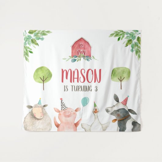 Boerderijdieren Erf Spandoek Jongen Rood Verjaarda Wandkleed (Voorkant (horizontaal))