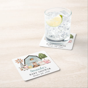 Boerderijdieren, Mooie Dieren, Blauwe Schuur, Baby Vierkante Kartonnen Onderzetter