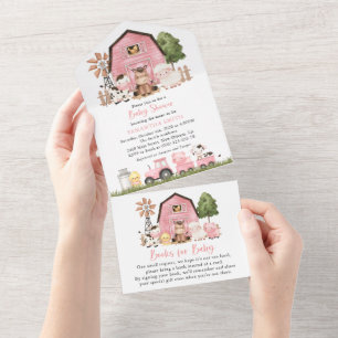 Boerderijdieren, Mooie Dieren, Roze Schuur, Baby S All In One Uitnodiging