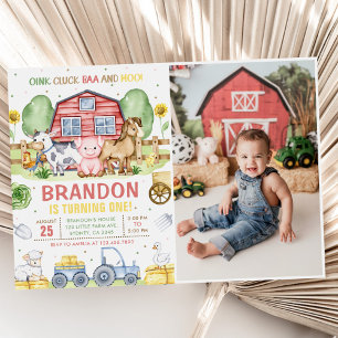 Boerderijdieren Oink Baa Moo 1e verjaardag foto Kaart