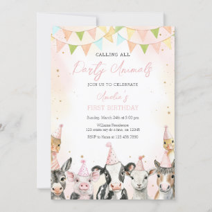 Boerderijdieren roepen alle partij 1e verjaardag kaart