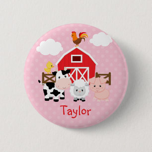 Boerderijdieren (roze) Gepersonaliseerde Kinder Bu Ronde Button 5,7 Cm