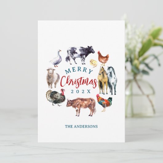 Boerderijdieren waterverf landinrichting feestdagenkaart (Staand voorkant)