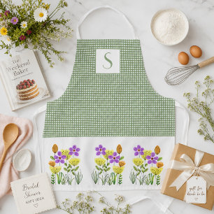 Boerderijgroene geruite monogram met wilde bloemen schort