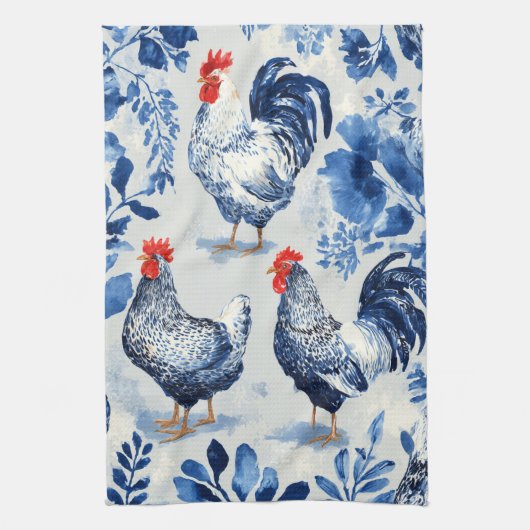 Boerderijkippen en botanisch patroonontwerp theedoek (Verticaal)