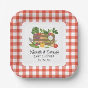 Boeren Markt Plantaardige Krat Gingham Baby shower Papieren Bordje