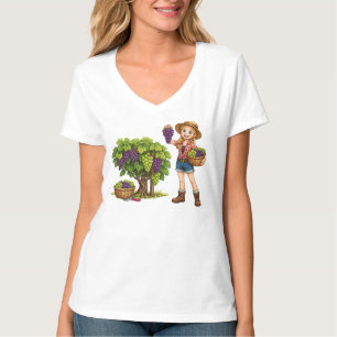Boerenmeisje dat druiven plukt, wijngaard oogst ku t-shirt